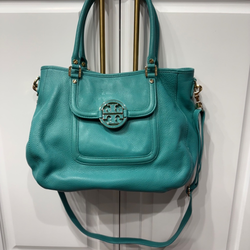 Authentic leather turquoise Tory Burch handbag with strap - Picture 6 of 9